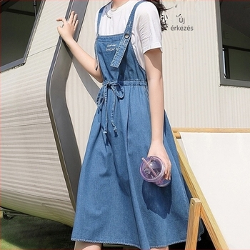 Két darabos gyerekeknek készült denim vállfős szett lányoknak – pamut-denim keverék, 8+ éveseknek, nyár, rövid ujjú