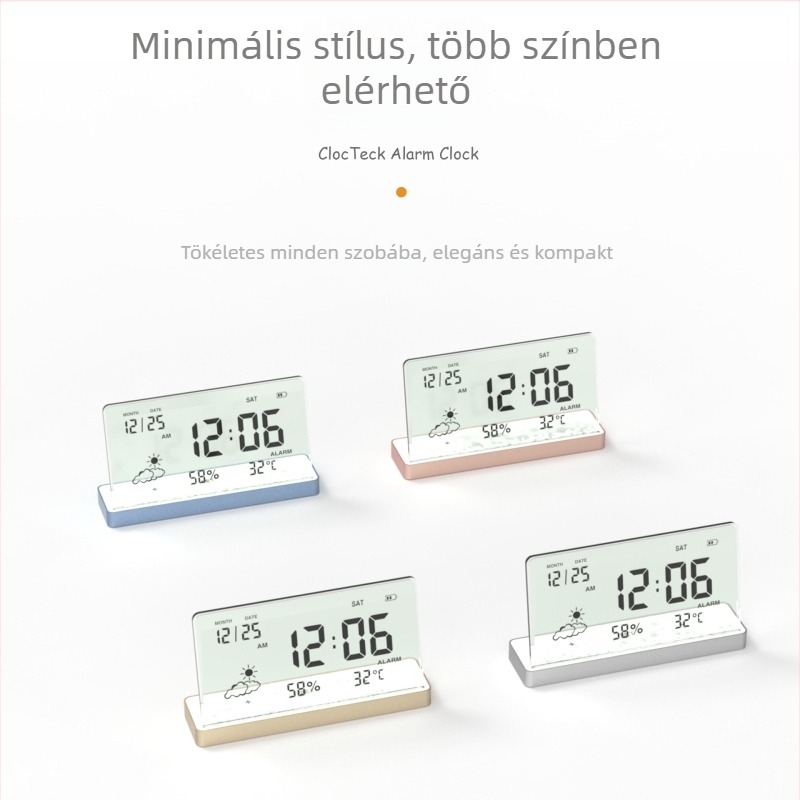 Ébresztőóra LCD kijelzővel, hőmérő, páratartalom mérése, naptár és 24 órás idő