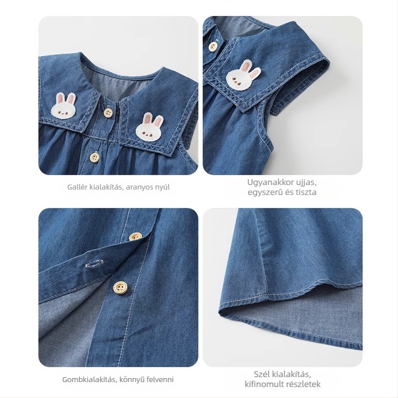 Lányoknak szóló denim A-vonalú szoknya, karikatúra mintával, 100% pamut, ujj nélküli, 3–8 éveseknek