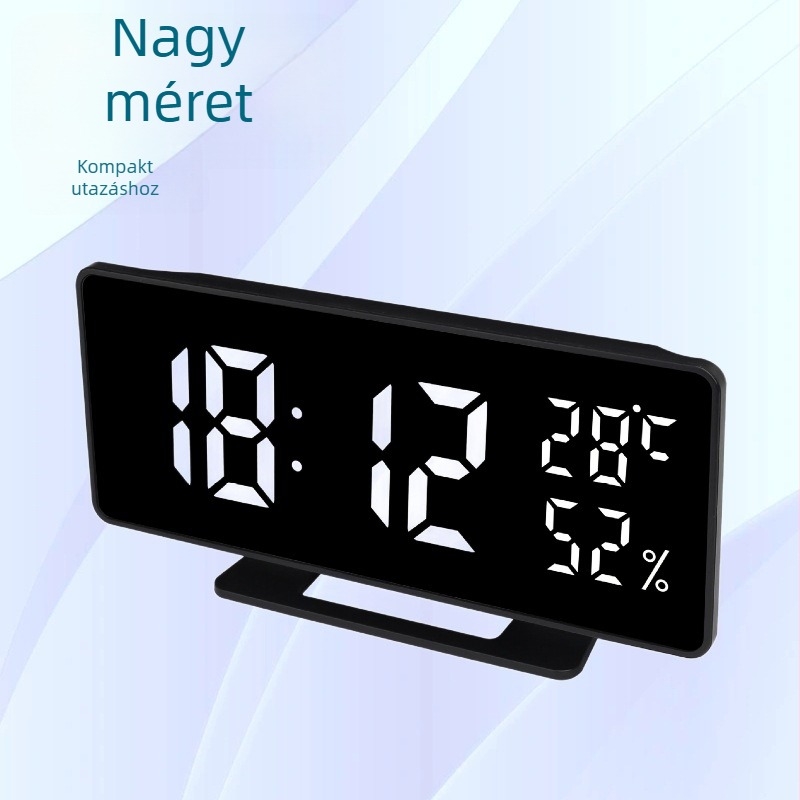 Asztali óra LED digitális kijelzővel, hőmérő és páratartalom, külső tápegység, modern, egyszerű dizájn