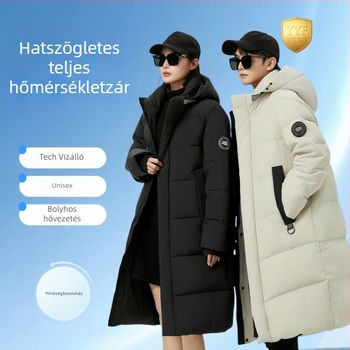 Férfi hosszú pehelydzseki kapucnival, egyszínű, szélálló és meleg, fehér kacsa tollal töltve, 300 g felett, 76–80% tolltartalom