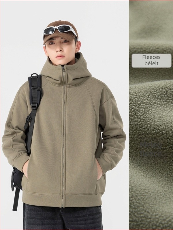 Férfi kapucnis fleece kardigán, cipzárral, laza szabás, oldalsó zsebek, pamut-alapanyagú fleece