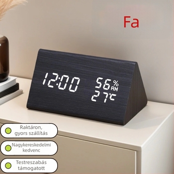 LED-es fa asztali óra hőmérővel, páratartalom-méréssel, örök naptárral, világidővel és ébresztővel