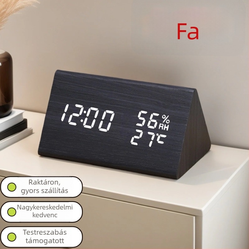 LED-es fa asztali óra hőmérővel, páratartalom-méréssel, örök naptárral, világidővel és ébresztővel