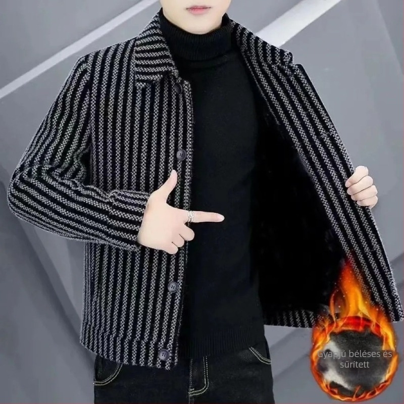 Új őszi-téli férfi gyapjúkabát csíkos mintával, magas minőség, vastag bélés, lezser és meleg stílus
