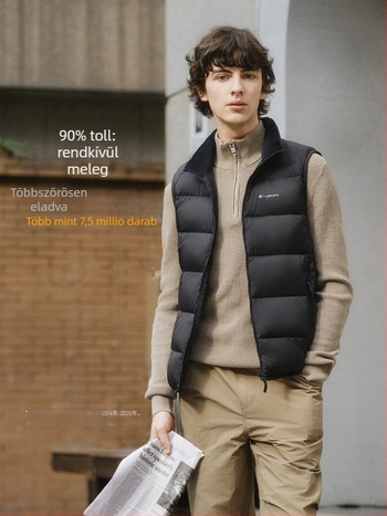 Férfi könnyű tollas mellény, rövid álló gallérral, vékony nylon, szürke kacsa toll 86–90%, 52–78 g