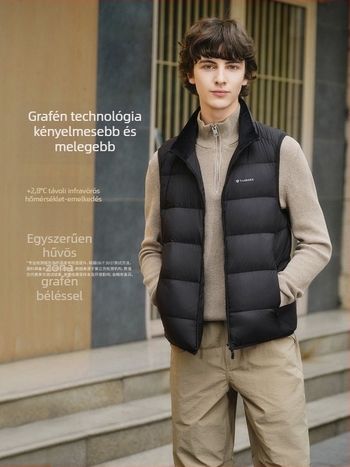 Férfi könnyű tollas mellény, rövid álló gallérral, vékony nylon, szürke kacsa toll 86–90%, 52–78 g