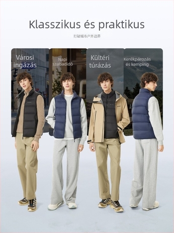 Férfi könnyű tollas mellény, rövid álló gallérral, vékony nylon, szürke kacsa toll 86–90%, 52–78 g