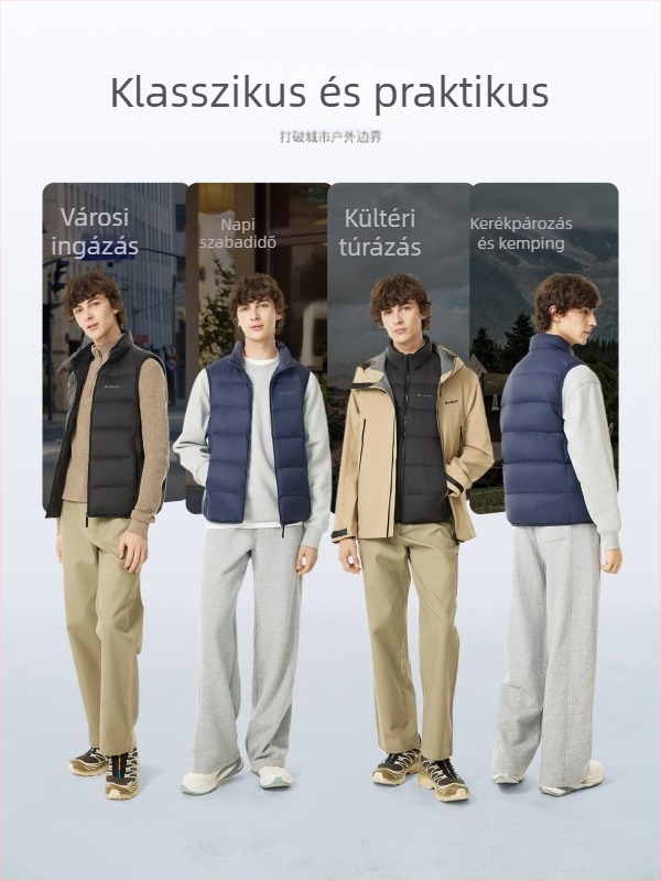 Férfi könnyű tollas mellény, rövid álló gallérral, vékony nylon, szürke kacsa toll 86–90%, 52–78 g