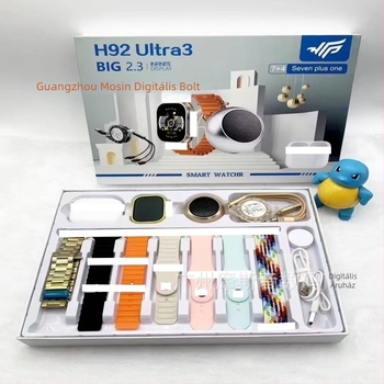 H92 Ultra3 okosóra Bluetooth hívásokkal és vezeték nélküli audio készlettel, AMOLED kijelző, egészségügyi szenzorok (pulzus, vérnyomás, SpO2, testhőmérséklet), vízálló, vezeték nélküli/mágneses töltés