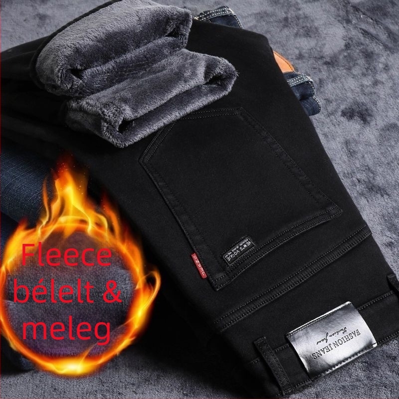 Férfi farmer nadrág fleece belső béléssel, vastag kivitel, egyenes szabás, középmagasságú derekú, cipzáras záródás, több zseb a téli munkához.