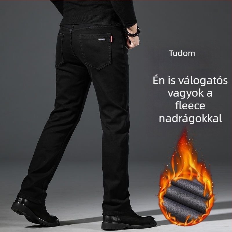 Férfi farmer nadrág fleece belső béléssel, vastag kivitel, egyenes szabás, középmagasságú derekú, cipzáras záródás, több zseb a téli munkához.