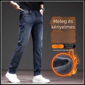 Férfi denim nadrág fleece-béléssel – egyenes szabás, középmagas derekú, cipzáras, zsebek