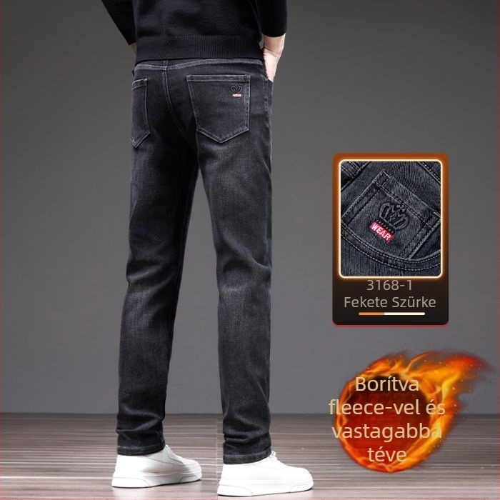 Férfi denim nadrág fleece-béléssel – egyenes szabás, középmagas derekú, cipzáras, zsebek