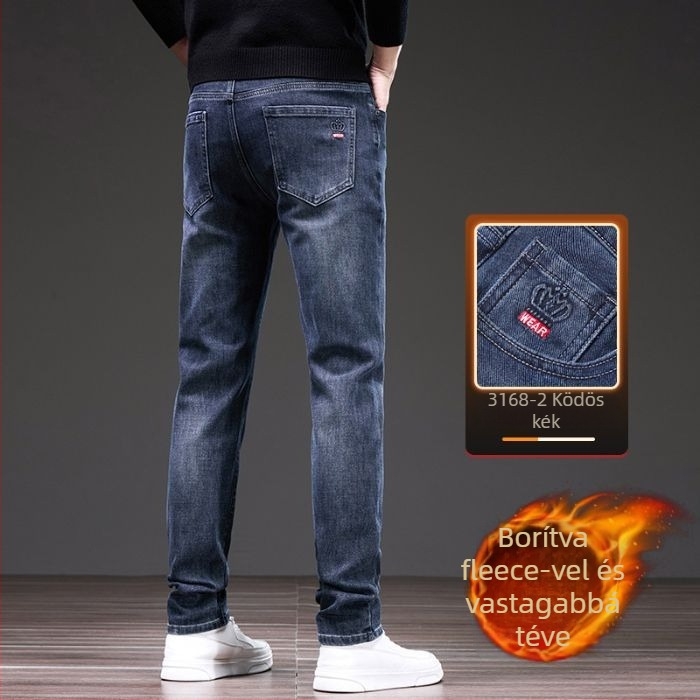 Férfi denim nadrág fleece-béléssel – egyenes szabás, középmagas derekú, cipzáras, zsebek