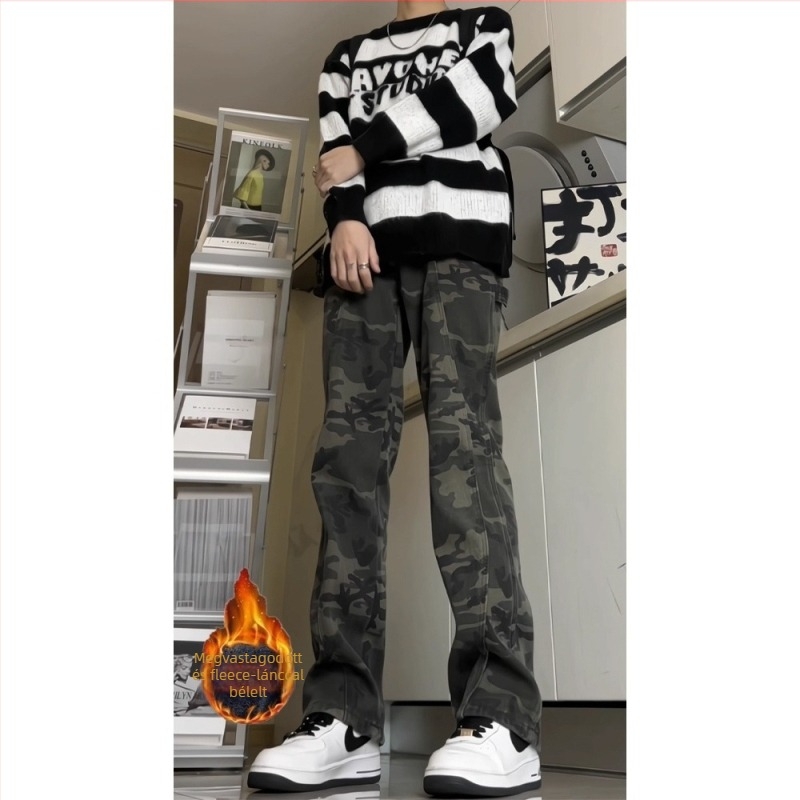 Férfiaknak szóló amerikai retro terepminta farmer fleece bélés, középmagas derék, egyenes szabás, négy évszak