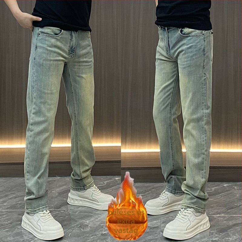 Fleece-béléssel bélelt téli férfi farmer, mosott denim, elasztikus, egyenes szárú, mindennapi nadrág