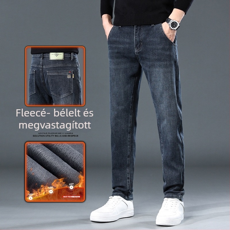 Férfi fleece-béléssel bélelt farmer, egyenes szabású, alacsony derék, cipzár, mikroelasztikus