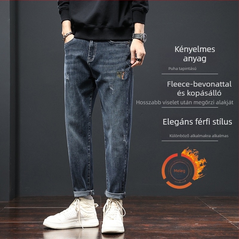 Férfi farmer fleece-béléssel, egyenes szabású, középmagas derék, cipzárral záródó, kőmosott