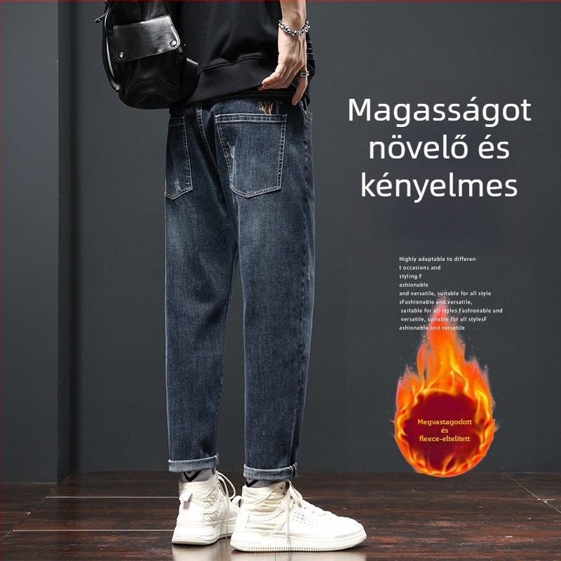 Férfi farmer fleece-béléssel, egyenes szabású, középmagas derék, cipzárral záródó, kőmosott