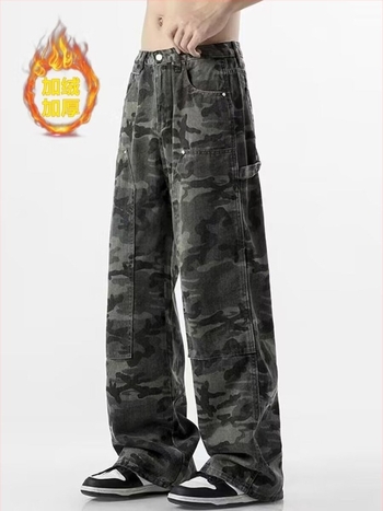 Kamuflážmintás farmernadrág fleece-beléssel, férfiaknak, amerikai utcai stílus, széles szabás