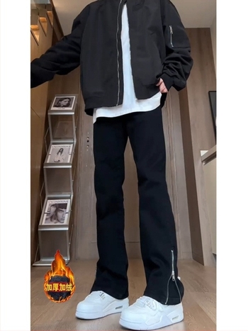 Fekete férfi farmer oldalsó cipzárral, Willow-Leaf Scimitar dizájn, fleece béléssel, egyenes szabású, slim fit, őszi-téli