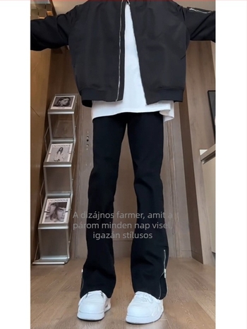 Fekete férfi farmer oldalsó cipzárral, Willow-Leaf Scimitar dizájn, fleece béléssel, egyenes szabású, slim fit, őszi-téli