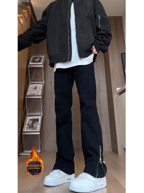 Fekete férfi farmer oldalsó cipzárral, Willow-Leaf Scimitar dizájn, fleece béléssel, egyenes szabású, slim fit, őszi-téli