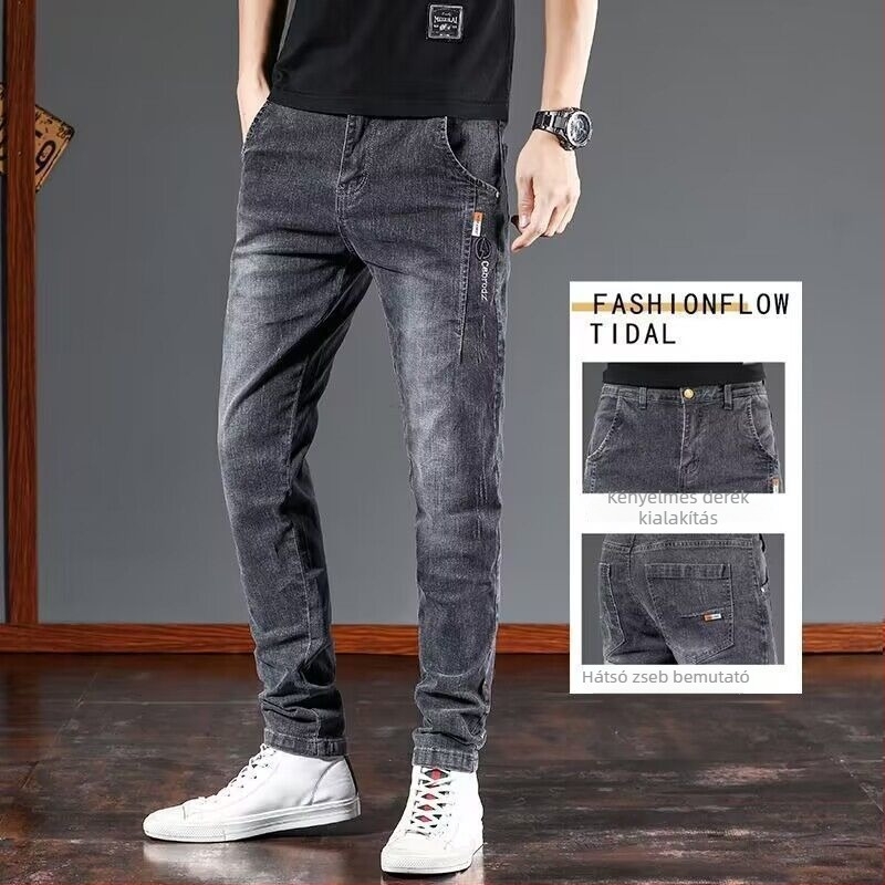 Férfi farmer fleece béléssel, egyenes szár, középmagasságú derék, cipzáras zárás, poliészter-denim