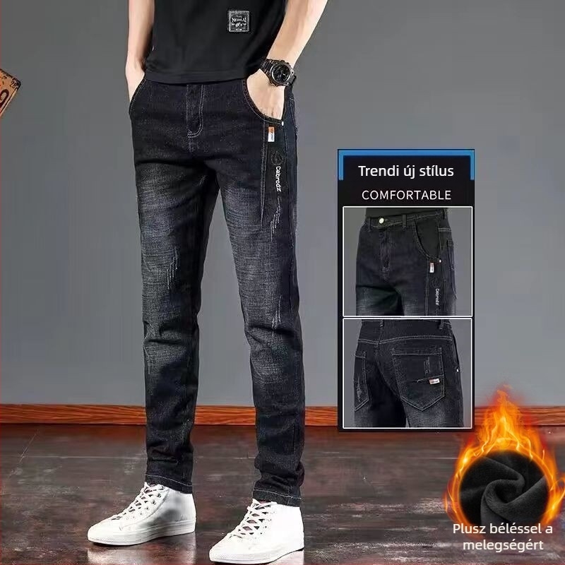 Férfi farmer fleece béléssel, egyenes szár, középmagasságú derék, cipzáras zárás, poliészter-denim