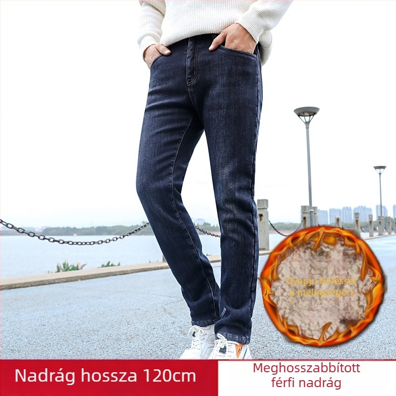 Férfi hosszított farmernadrág, magas derékkal, egyenes szabás, elasztikus, fleece-béléssel bélelt, denim