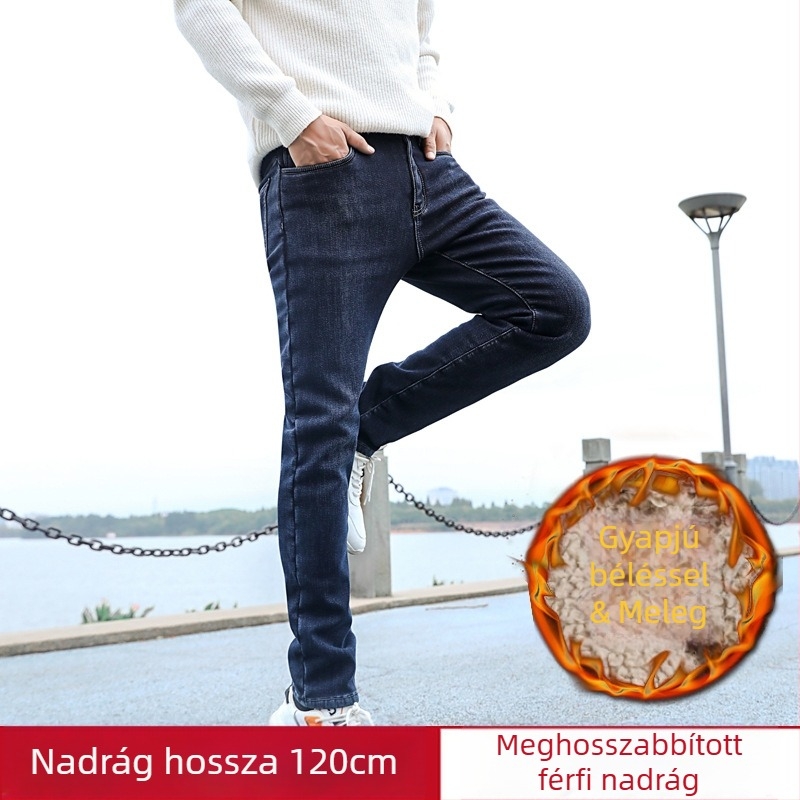 Férfi hosszított farmernadrág, magas derékkal, egyenes szabás, elasztikus, fleece-béléssel bélelt, denim