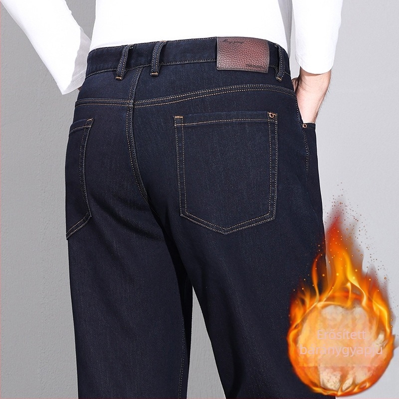 Férfi téli fleece-belelt farmernadrág, magas derekú, lazán szabott, cipzár, pamut denim