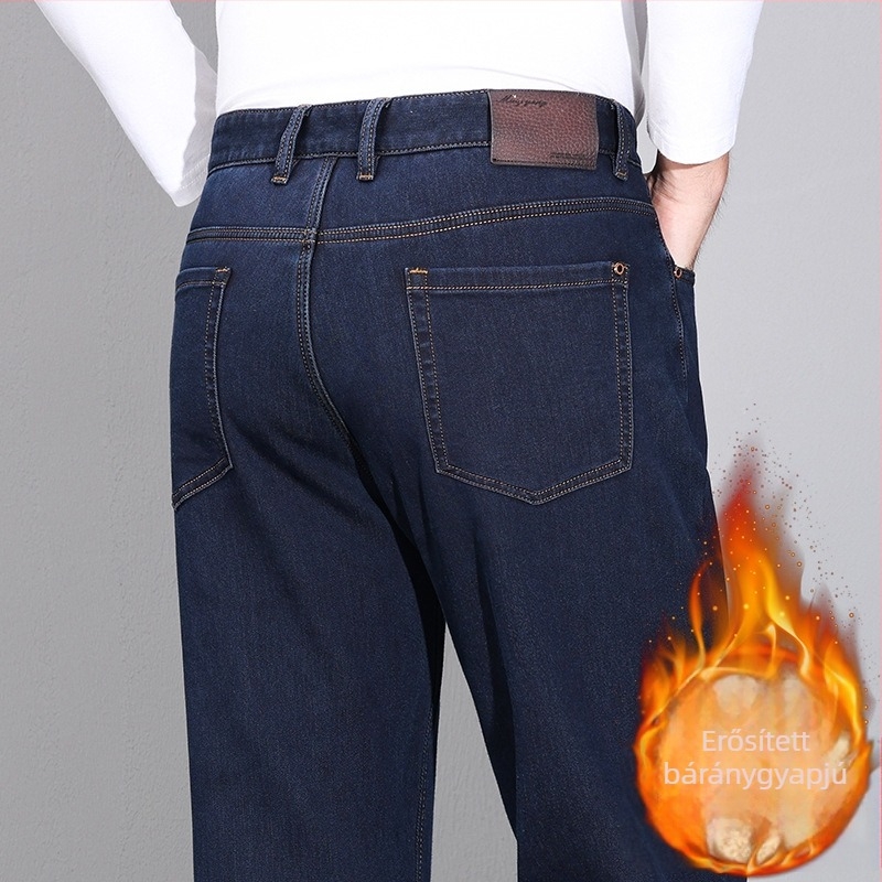 Férfi téli fleece-belelt farmernadrág, magas derekú, lazán szabott, cipzár, pamut denim