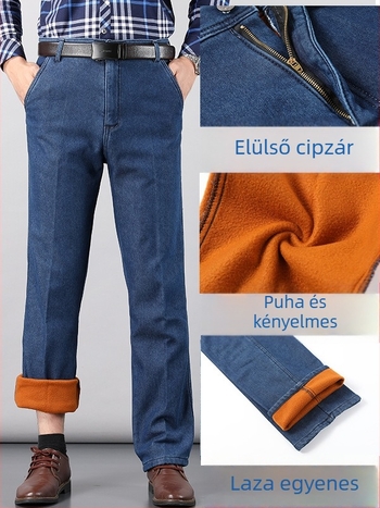 Téli meleg plüss béléses farmernadrág, magas derék, egyenes szabású, középkorú és idősebb férfiak számára