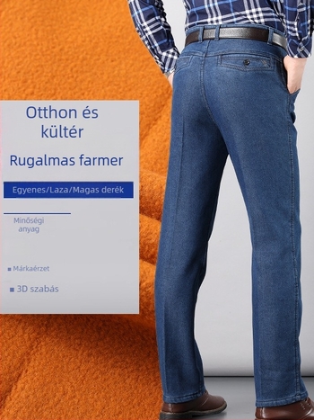 Téli meleg plüss béléses farmernadrág, magas derék, egyenes szabású, középkorú és idősebb férfiak számára