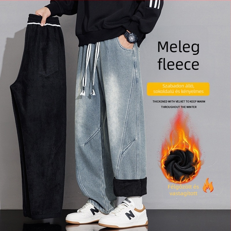 Férfi farmer fleece-bélés, amerikai stílus, laza egyenes szabás, téli vastag bélés, kényelmes hosszú nadrág
