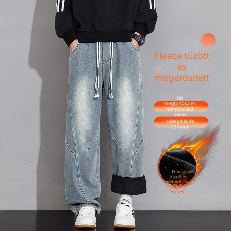 Férfi farmer fleece-bélés, amerikai stílus, laza egyenes szabás, téli vastag bélés, kényelmes hosszú nadrág