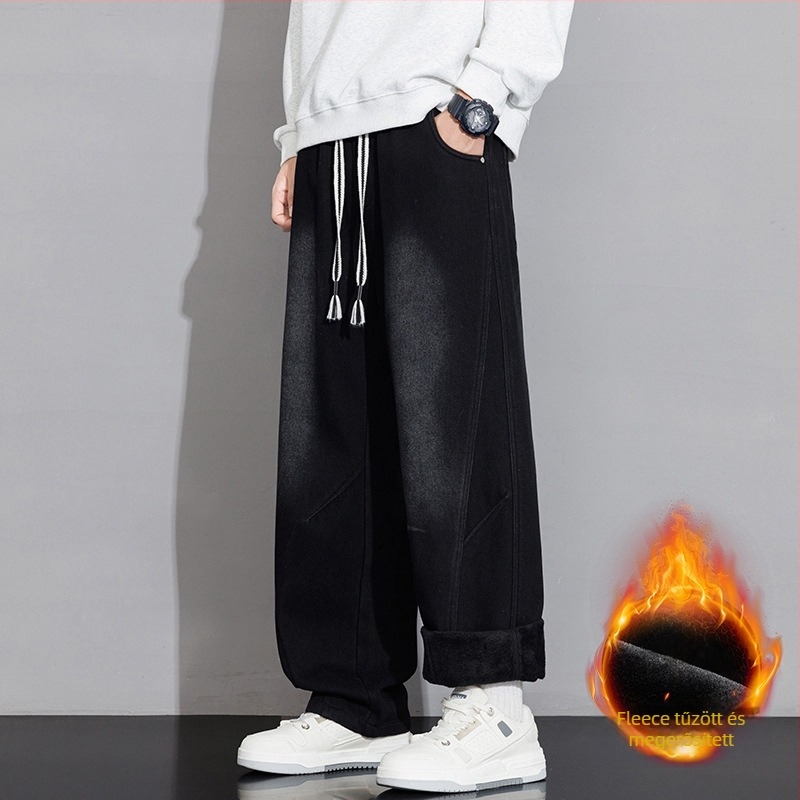 Férfi farmer fleece-bélés, amerikai stílus, laza egyenes szabás, téli vastag bélés, kényelmes hosszú nadrág