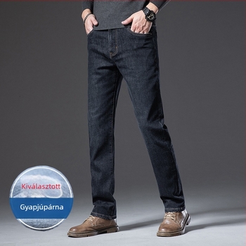 Férfi denim farmernadrág magas derekú, egyenes szabású, mosott felülettel és zseb részletekkel