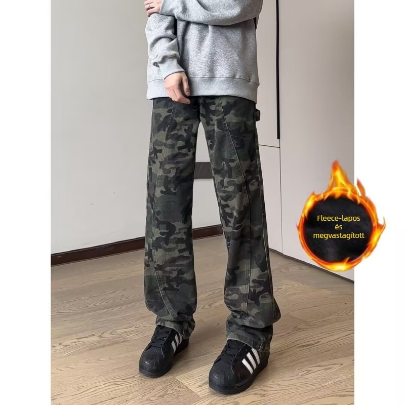 Kamuflázzal mintás cargo farmernadrág, laza szabású, pamut-denim, középmagasságú derék, egyenes szár, cipzáras zárás