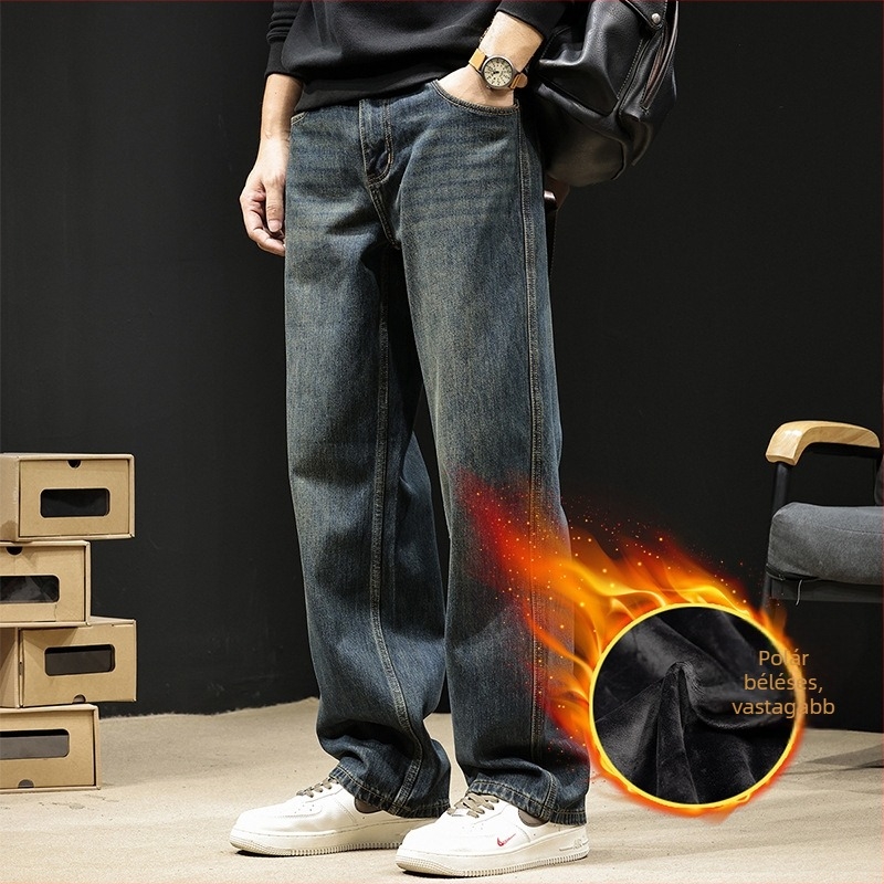 Férfi egyenes szárú farmer, amerikai retro stílusban; anyag: 87,3% pamut, 7,2% poliészter, 5,5% viszkóz; zipzár; középmagas derekú; téli 2025.