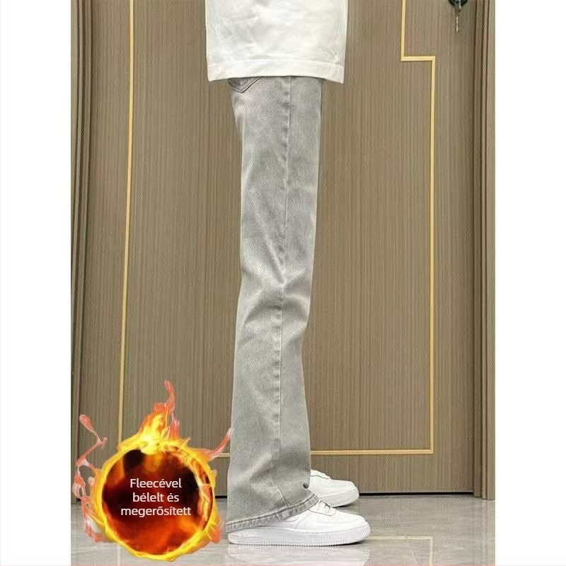 Férfi egyenes szabású farmer, fleece-belsővel, középmagas derék, cipzáras zárás, pamut-keverék 50–60%