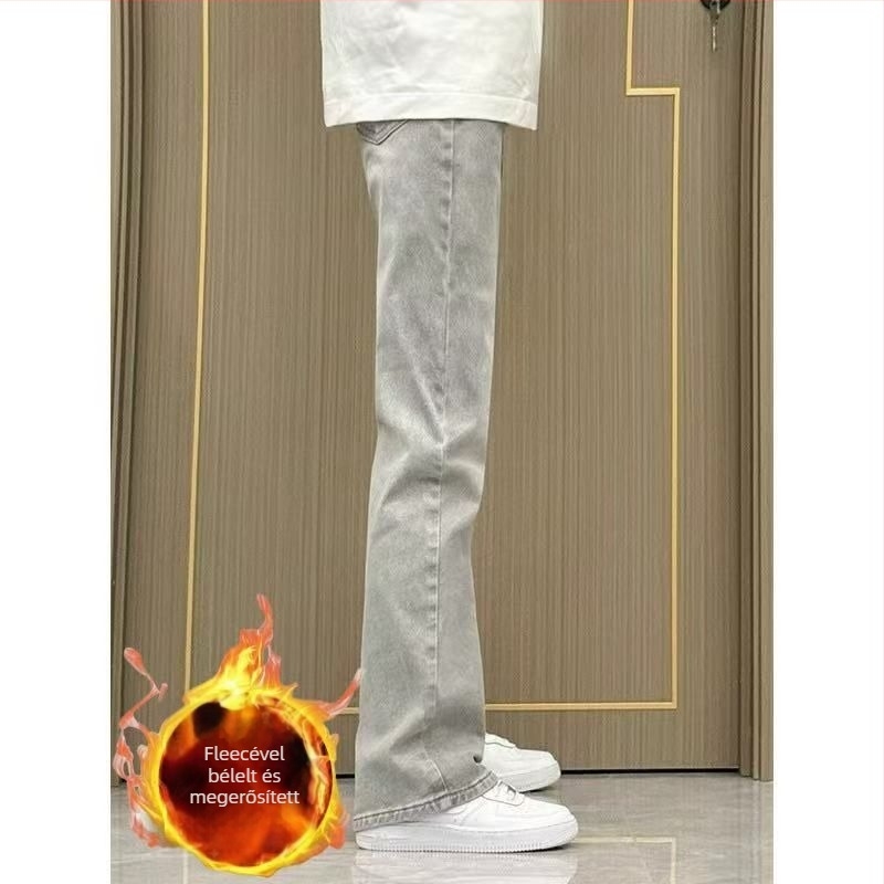 Férfi egyenes szabású farmer, fleece-belsővel, középmagas derék, cipzáras zárás, pamut-keverék 50–60%