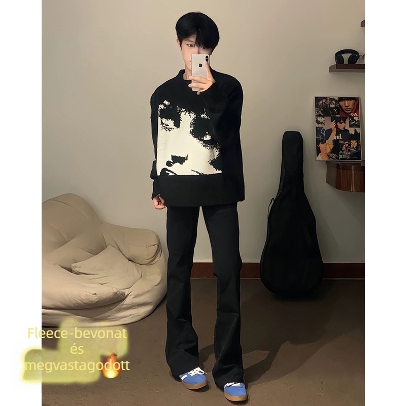 Férfi farmernadrág fleece-béléssel, egyenes szabású, mikro-flare, középmagas derekú, cipzár