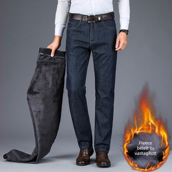 Farmernadrág fleece-beléssel, magas derék, egyenes szár, cipzáras záródás, poliészter anyag