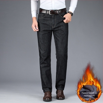 Farmernadrág fleece-beléssel, magas derék, egyenes szár, cipzáras záródás, poliészter anyag