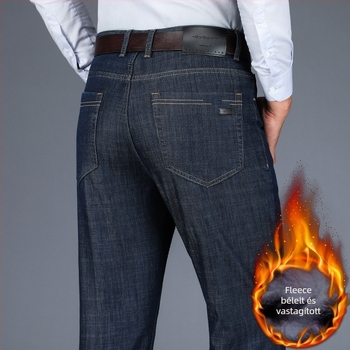 Farmernadrág fleece-beléssel, magas derék, egyenes szár, cipzáras záródás, poliészter anyag