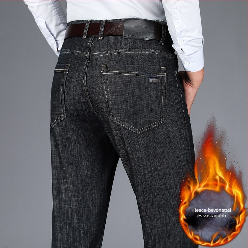 Farmernadrág fleece-beléssel, magas derék, egyenes szár, cipzáras záródás, poliészter anyag