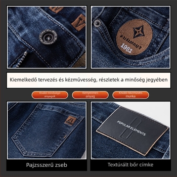 Férfi denim farmer fleece-béléssel, egyenes szabás, középmagas derék, cipzár, hímzés